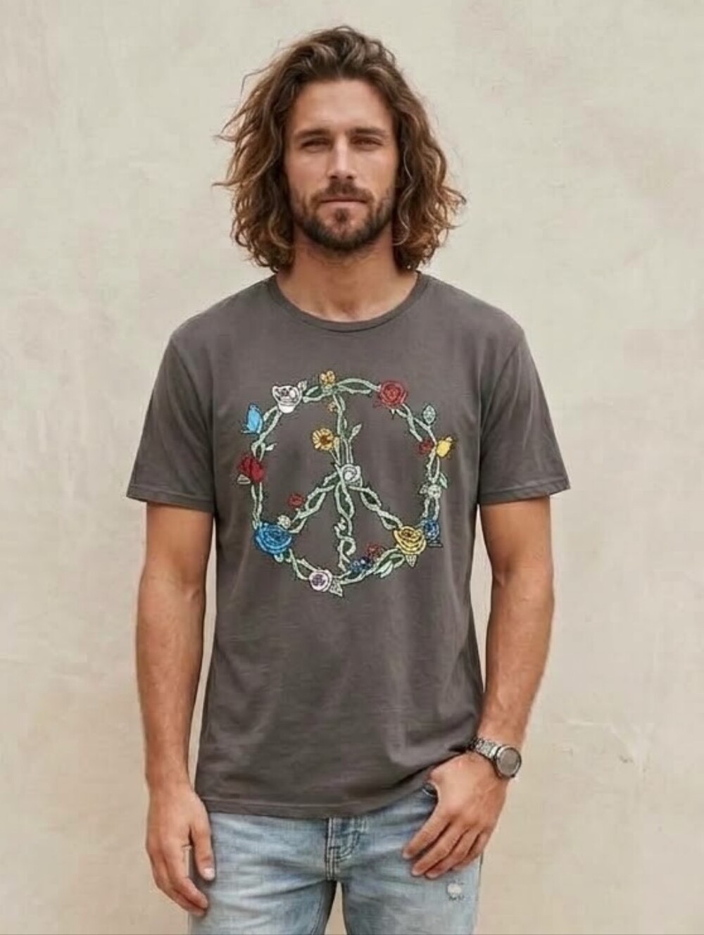 DOM Men's Dark Gray Peace Sign Floral T-Shirt Large
